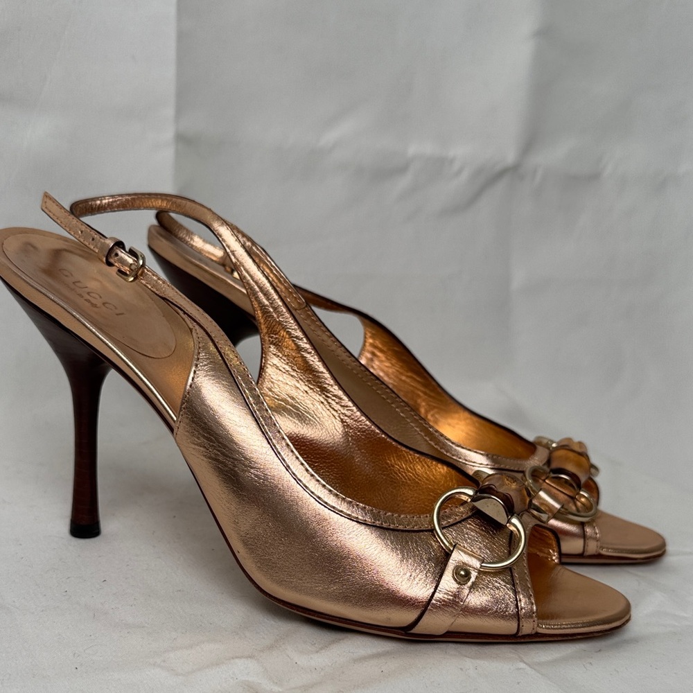 Gucci Rose Gold Peep Toe Slingback Heels